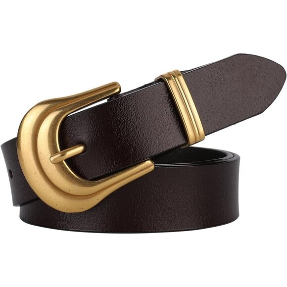 Women\'s Genuine Leather Belt Western Style Silver Gold Buckle Black